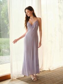 MOTF PREMIUM LACE PATCHWORK WAIST CINCHING LONG SLIP SLEEP DRESS, SPRING/SUMMER - Dusty Purple - View 3