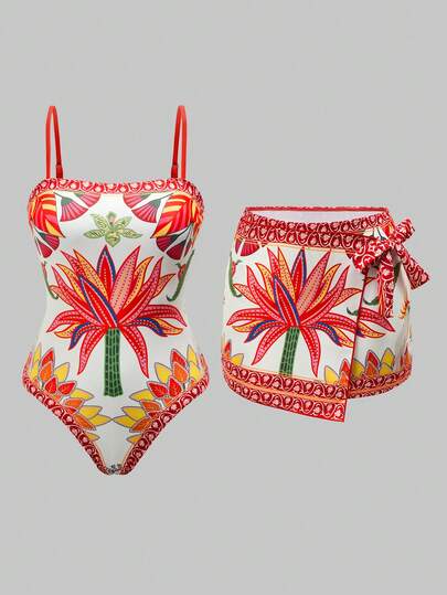 Swim Oasis Women's One-Piece Blue & White Tropical Palm Tree Print Swimsuit, Elegant Casual Beach Vacation Cover-Up