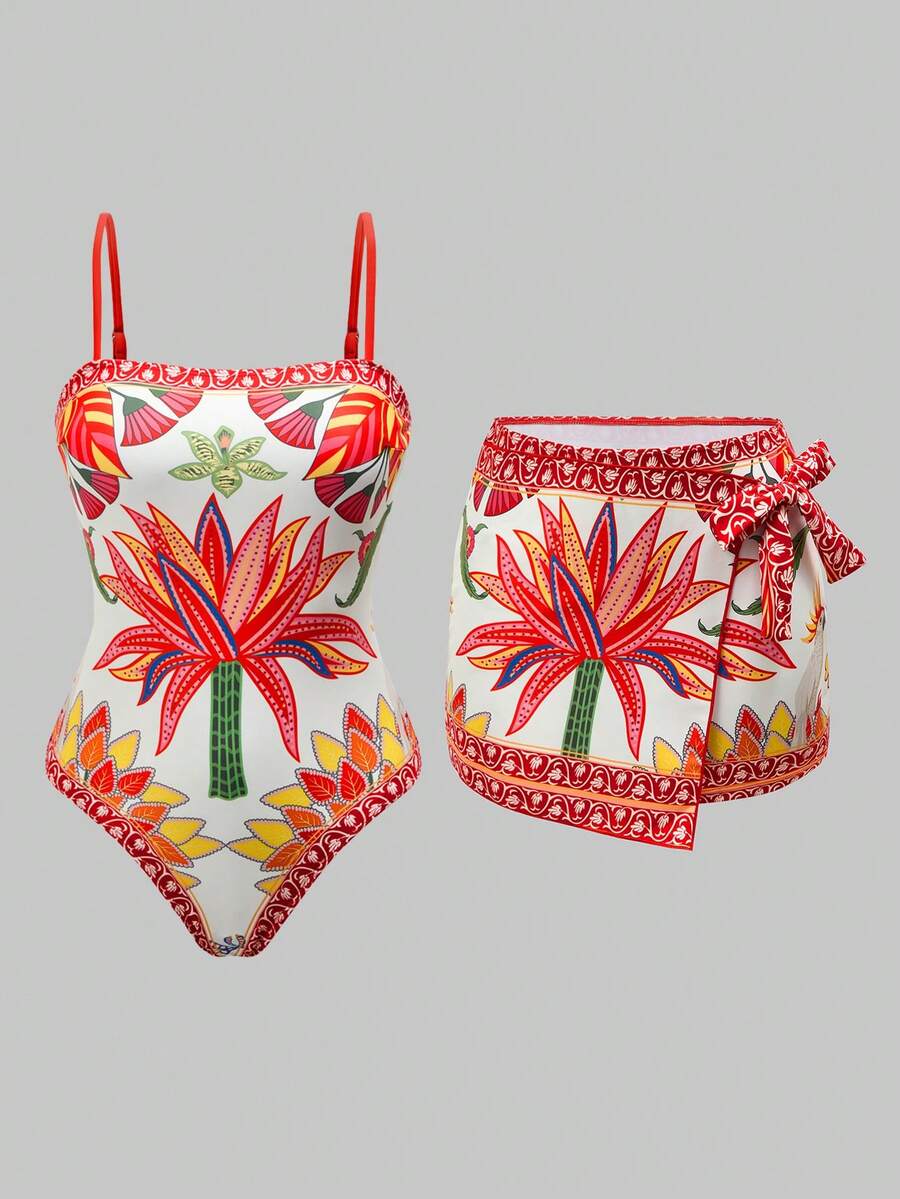 Swim Oasis 女士蓝白热带棕榈树印花连体泳衣，优雅休闲沙滩度假罩衫 - 彩色 - 查看 1