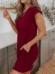 Silhoulove Women's Casual Everyday Commute Solid Color Pocket Dress, Summer - Burgundy - View 3