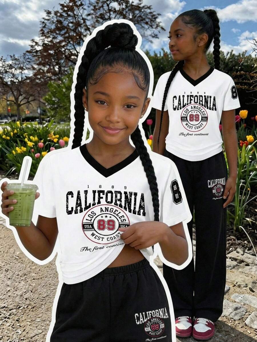 Sparklyn Set de 2 piezas de top de manga corta con cuello en V con estampado numérico y pantalones deportivos de pierna ancha para niñas, primavera/verano - Blanco y Negro - Ver 1