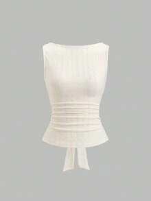 Sweetra 女士时尚百搭褶裥后系带纹理衬衫 - 米色 - 查看 1