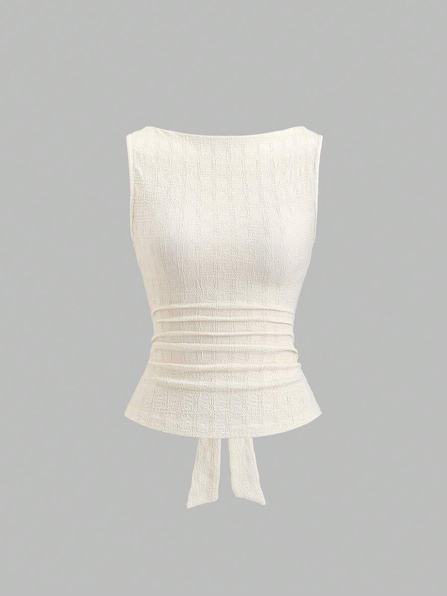 Sweetra 女士时尚百搭褶裥后系带纹理衬衫 - 米色 - 查看 1