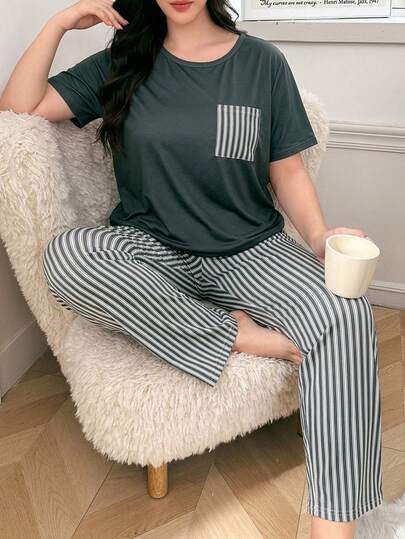 Doze Lane Plus Size Casual Striped Print Pocket Short Sleeve Pajama Set