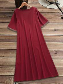 Rusticease Plus Size Women Burgundy Boho Summer Embroidered Minimalist Versatile Dress,Suitable For Vacation,Dates,Beach,Festival & Casual Mothers Day Outfits - Burgundy - View 2