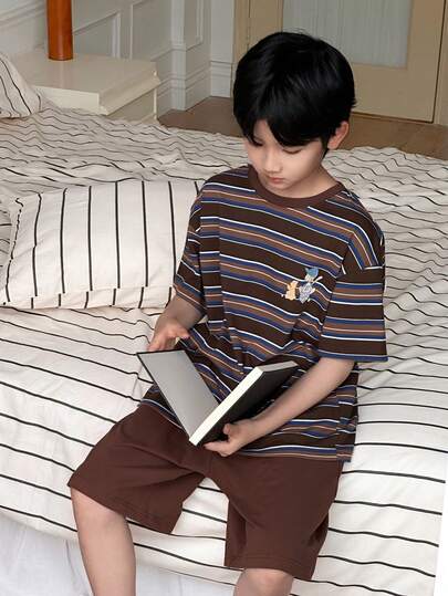 Dazy Kids 男童夏季休闲卡通撞色条纹印花宽松上衣短裤睡衣套装
