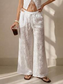 SHEIN ICON White Flower Summer Boho Vacation Holiday Women Elegant Formal Loose Flare Leg Fashionable Business Casual Streetwear Retro Pants Beach - White - View 6