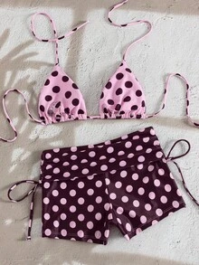 SHEIN Swim 2026 女款 2 件套 春/夏新款 條紋隨機印花掛脖露背上衣搭配側綁帶短褲，優雅性感時尚沙灘度假比基尼泳衣套裝 - 淺粉色 - 查看 2