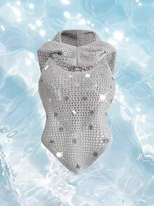 ROMWE Grunge Punk Sequin Decor Vacation Halter Hooded Crochet Knit Top - Grey - View 3