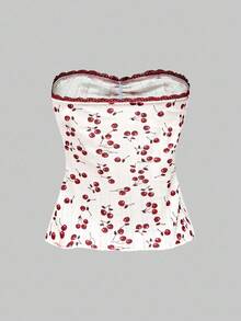 ROMWE PETITE Delicate Sexy Vacation Lace Trim Cherry All-Over Print Bow Ruched Stretchy Fitted Women Top - Multicolor - View 2