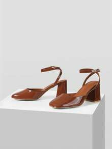 Mnmlis Giày sandal cao gót đế thô, giày da nữ mùa hè, khóa cài một chữ, giày cao gót kiểu Pháp đa năng, giày nữ đế bằng, giày đơn. - màu nâu - Xem 2