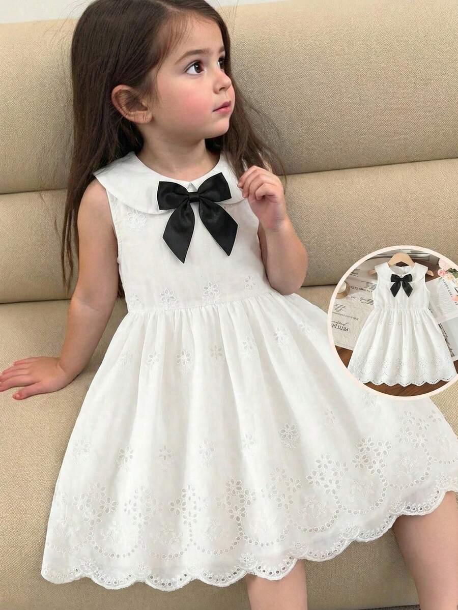 SHEIN 年轻女孩夏季淑女风蝴蝶结装饰镂空刺绣无袖连衣裙 - 白色 - 查看 1
