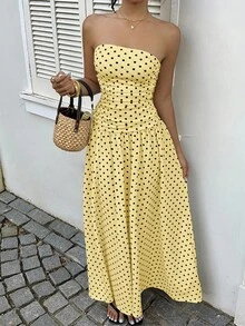 Vestido de cintura alta con estampado de lunares , estilo vacacional - amarillo ganso - Ver 5