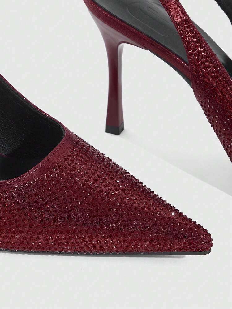 CUCCOO SZL Women Shoes Sexy Fashion Pointed Stiletto Burgundy Full Diamond Women's High Heel Shoes Back Lift After Empty Shoes Gorgeous Sexy Banquet Party Nightclub Women's High Heels