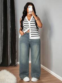 Truni Colete de malha casual plus size listrado com abotoamento simples para mulheres no outono/inverno - Multicolorido - Ver 6