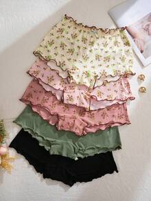 PetitDoll Paquete de 5 bragas tipo short de algodón cómodo con estampado floral y ribete de volantes - Multicolor - Ver 3