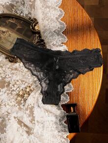 Divavoom Women's Solid Color Sexy Sheer Bowknot Lace Thong Panties - Black - View 3