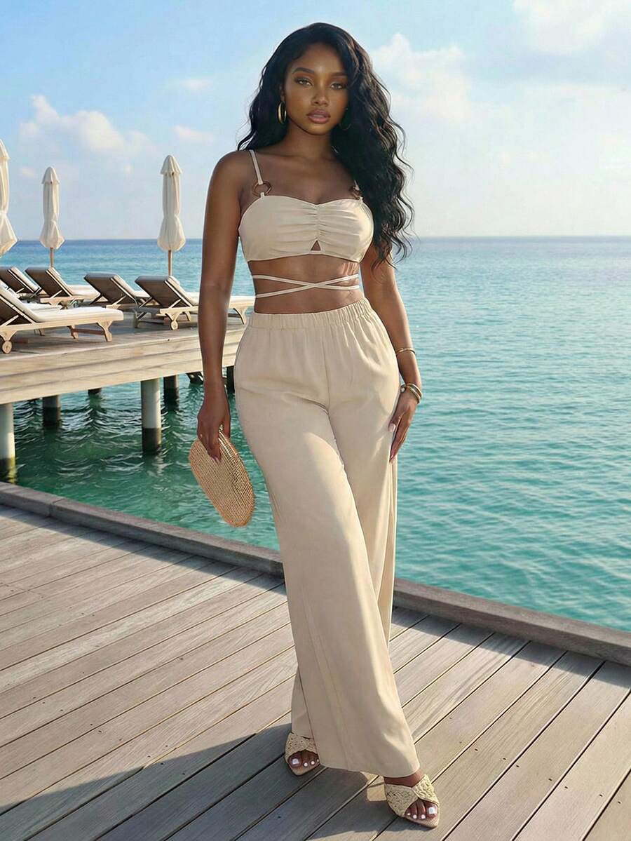 Slaydiva Neuer Frühling, Frühlings- und Sommermusiksaison, Valentinstag, Ostern, Hochzeitssaison, Feiertage, Strandurlaub, Lässig, Elegant, Pendeln, Alltag, Büro, Urlaub, Party, Kreuzung, Rückenausschnitt, Herzausschnitt, braune runde Verzierung, kurze Weste + weite Hose, super lange Hose, Khaki, Aprikose Set, Damen Zweiteiler - Z