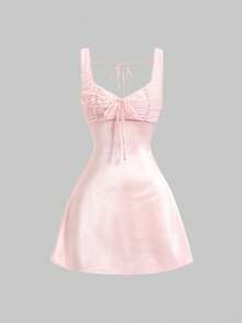 Sweetra Đầm nữ mùa hè mới, kiểu Lolita ngọt ngào, thời trang dự tiệc, sinh viên, thanh lịch, đa năng, phối ren tương phản, chất liệu satin, hở lưng, khoét eo, thắt eo, ôm sát, không tay, màu hồng, thích hợp cho mùa đi học, lễ tốt nghiệp, lễ hội, tiệc tùng và mặc hàng ngày. - Hồng - Xem 1