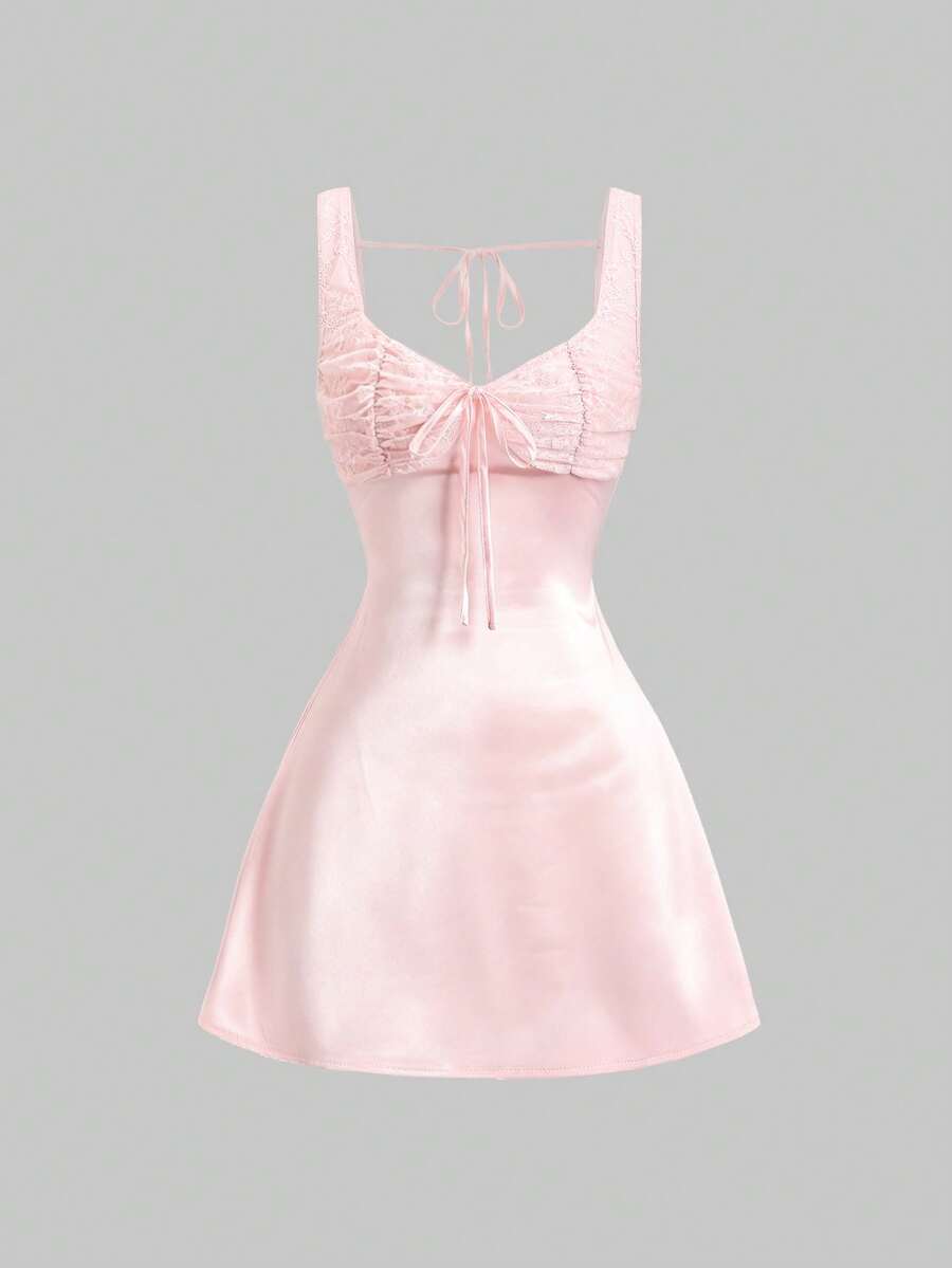 Sweetra Đầm nữ mùa hè mới, kiểu Lolita ngọt ngào, thời trang dự tiệc, sinh viên, thanh lịch, đa năng, phối ren tương phản, chất liệu satin, hở lưng, khoét eo, thắt eo, ôm sát, không tay, màu hồng, thích hợp cho mùa đi học, lễ tốt nghiệp, lễ hội, tiệc tùng và mặc hàng ngày. - Hồng - Xem 1
