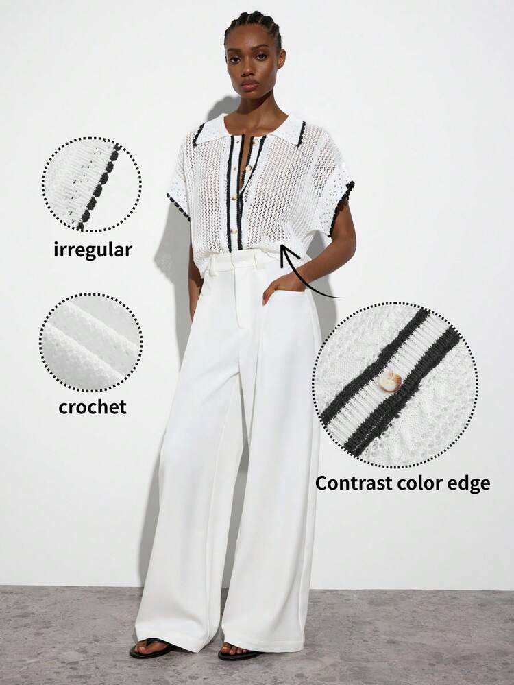 SHEIN Maija MAIJA Strandstrick Polokragen Kontrastbesatz Knopfverschluss Strickjacke