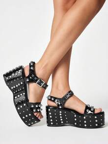 ROMWE Grunge Punk Giày sandal đế xuồng đính kim tuyến, khóa cài nhọn dành cho nữ. - màu đen - Xem 4