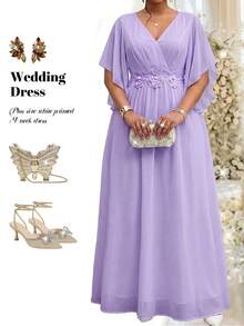Fleurora Plus Size Lavender V Neck Butterfly Sleeve Maxi Dress For Wedding Guest Elegant Formal - Mauve Purple - View 6