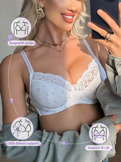 1件装女士白色无钢圈蕾丝拼接舒适支撑文胸