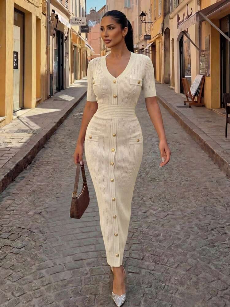 Women's Elegant Solid Color V-Neck Button Faux Pocket Knit Dress, Spring/Summer