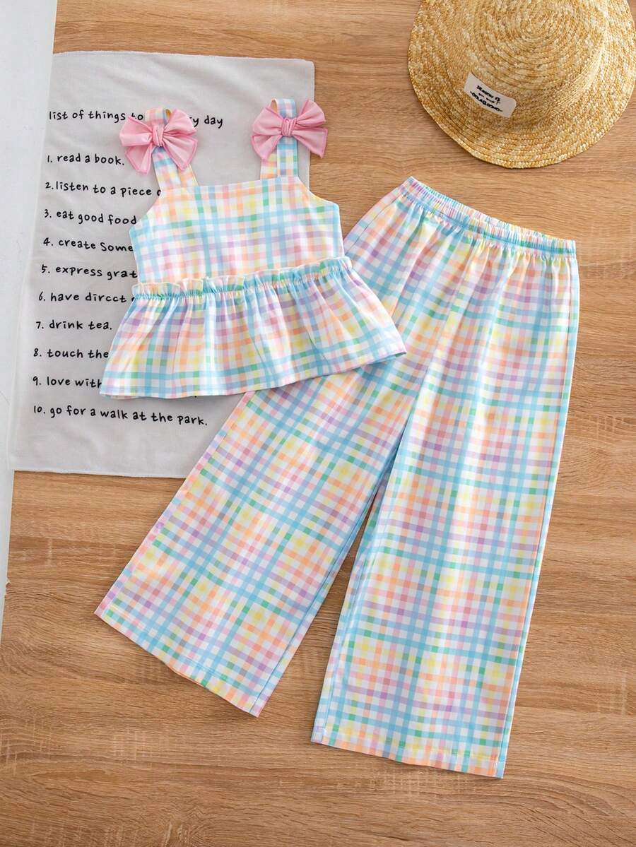 SHEIN Little Byeori 小女孩格子蝴蝶结装饰荷叶边上衣和阔腿裤休闲日常穿搭 - 彩色 - 查看 1