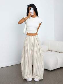 SHEIN PETITE 女士夏季复古休闲嬉皮街头风宽松军绿色裤子 - 淡黃色 - 查看 3