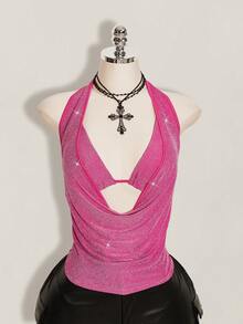 SHEIN ICON Plus Size 2pcs Summer Going Out Beach Hawaii Party Homecoming Concert Club Glitter Backless Women Tank Tops & Camis - Hot Pink - View 4