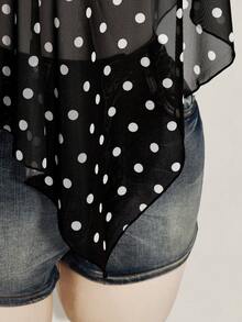 SHEIN ICON 女士不对称肩部黑白波点网纱上衣 - 黑色 - 查看 5