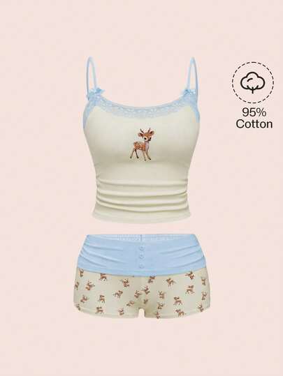 ROMWE J-Fashion 可爱小鹿印花蕾丝拼接吊带背心搭配小鹿印花短裤套装