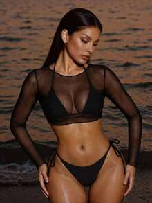 SHEIN Swim Summer Beach Solid Bikini Set Halter Bra & Tie Side Thong Bottom & Long Sleeve Cover Up Top 3 Piece Bathing Suit - Black - View 4