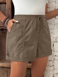 Calvaya Plus Size Women Drawstring Waist Pockets Casual Versatile Daily Wear Shorts - Khaki - View 1