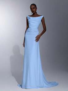 Elitara 优雅浪漫的法国南部贵族风格深V领褶裥紧身胸衣鱼尾裙摆女士婚纱、宴会礼服、晚礼服、长袍、宾客派对礼服 - 淺藍色 - 查看 1