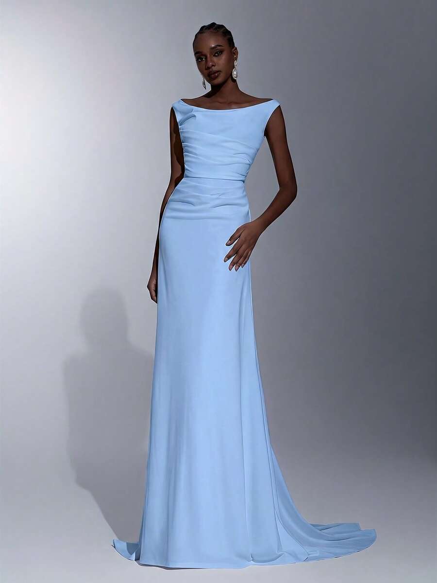 Elitara 优雅浪漫的法国南部贵族风格深V领褶裥紧身胸衣鱼尾裙摆女士婚纱、宴会礼服、晚礼服、长袍、宾客派对礼服 - 淺藍色 - 查看 1