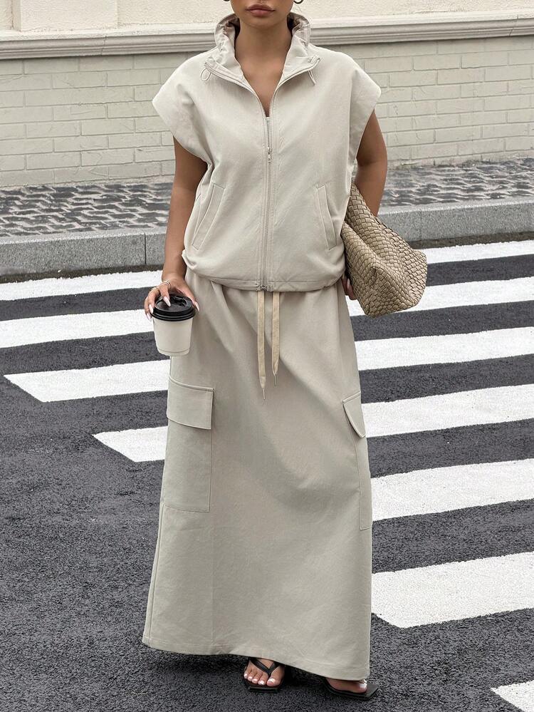 Women's Casual Utility Top And Skirt 2 Pieces Set