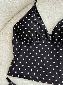 SHEIN Teen Girls' Black Polka Dot Print Tankini 2 Pieces Swimsuit Set, Spaghetti Strap, For Beach Vacation, Spring/Summer - Black - View 9
