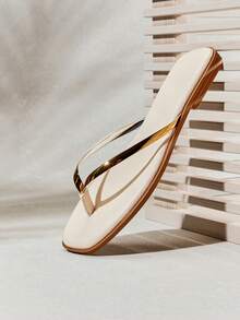 SHUZIA #UrbanLuxe Women's Electroplated Gold TPU Strap Off White Flip-Flops – Minimalist, Glossy & Comfortable Summer Essential. - White - View 5