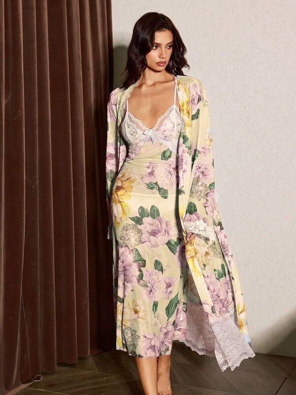 Slumberist Bộ váy áo hai dây và áo choàng ren phối họa tiết hoa thanh lịch dành cho nữ, thích hợp cho mùa hè.