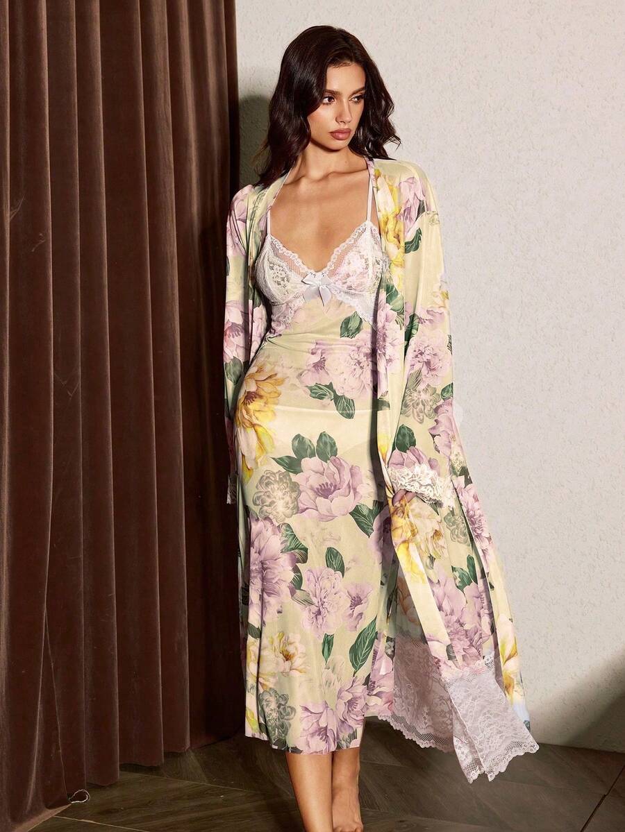Slumberist 女士优雅印花撞色蕾丝吊带连衣裙和睡袍套装,夏季 - 黃色 - 查看 1