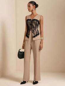 Vesra Lace Patchwork Long Sleeve V-Neck Fitted Shirt & Flared Pants Elegant 2-Piece Set For Women - Khaki - View 6