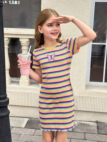 Tween Girl Cute Y2k Butterfly Applique Pink Stripe Fitted Knit Dress,Colorful Rainbow Round Neck Bodycon Dress For Kids,Summer,School,Pride Month - Multicolor - View 3
