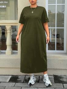 SHEIN EZwear 大码女式休闲日常通勤简约纯色落肩宽松T恤连衣裙 - 綠色 - 查看 2