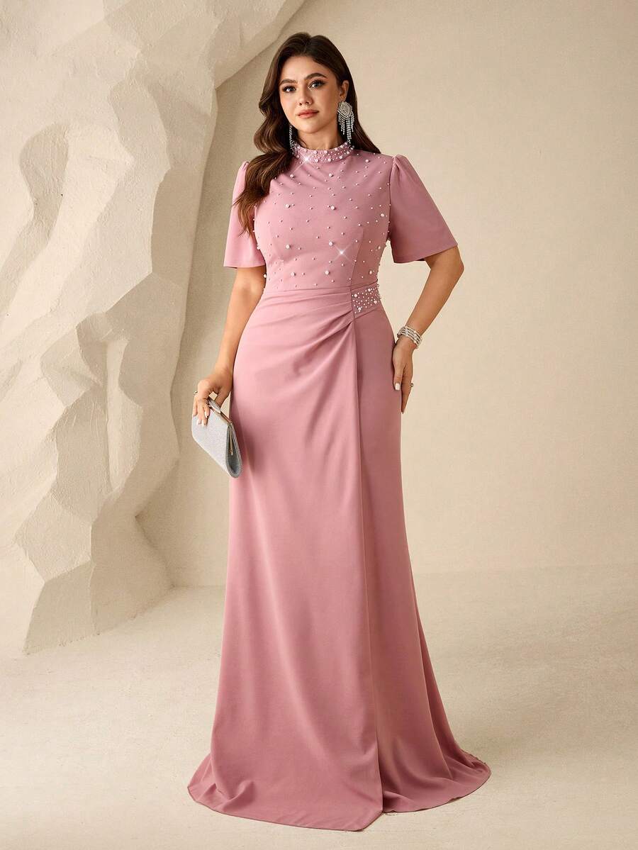 Coutiva 大码女式仿珍珠装饰短袖优雅正式晚礼服（缀饰款） - 藕粉色 - 查看 1