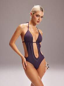Y2Kool Bộ jumpsuit màu tím ánh kim lấp lánh khoét rỗng phong cách Y2K gợi cảm, năng động, thích hợp cho các bữa tiệc mùa xuân/hè, tụ họp, kỳ nghỉ trên đảo, lễ hội âm nhạc. - Màu tím - Xem 3