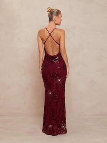 Lumalex Burgundy Lace Sequin Maxi Dress With Drape Cowl Neckline, Spaghetti Straps, Open Low Back With Crisscross Detail, Body-Skimming Silhouette & Floor-Length Elegant Finish Maxi Dress, Spring/Summer, Elegant Romantic Dress, Formal Evening Gown, Gala Night, Looks Of Party,  New Style Women, Luxury Dress For Party, Fashionable This , Elegant Casual Outfit, Chic Autumn, Weekend Outfit, Glamour Dress,  Work Style, Delicate Romance, Enchanted Romance Gown, Party Dress For Autumn, Draped Dress, , Business Casual, Prom Graduation Dress, Suitable For Parties, Dates, Going Out, Night Out, Weddings, Holiday, Vacation, Birthday, Dresses For Women, Valentine's Day Outfits, New Year's Eve Parties, Beach Vacation Dresses, Holiday Fancy Dress Long Formal Evening Gown Burgundy Formal Evening Gown Sequin Formal Dress Women - Burgundy - View 3