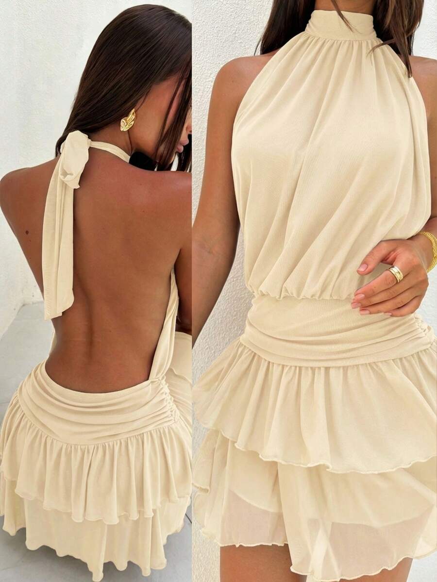 Aloruh Women's Elegant Halter Neck Ruched Flounce Hem Mini Dress,Summer Dresses For Women,Dresses For Women Summer Vacation Apricot - Beige - View 1